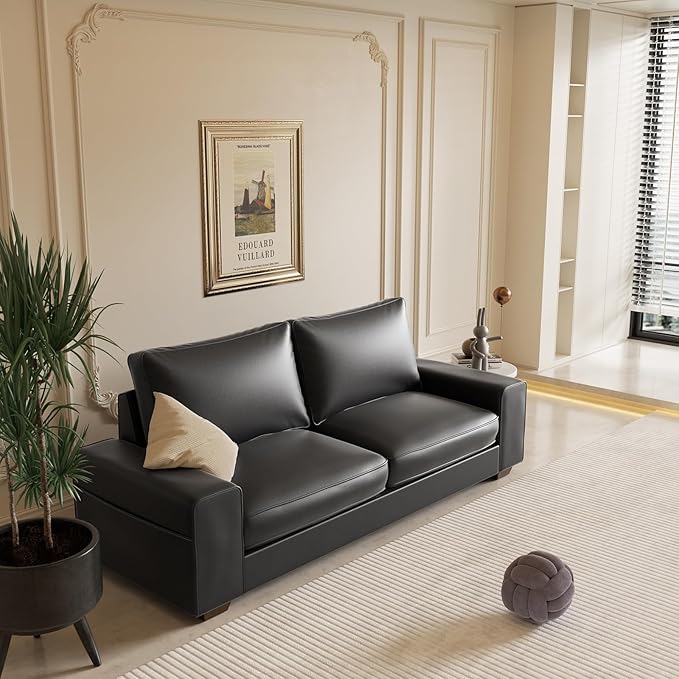 Faux Leather Couch Mid Century Modern Comfy Loveseat Sofa with Wide Arm Side Pockets Solid Wooden Frame for Office Living Room and Bedroom 3 Seater (Black 88.58 inches)