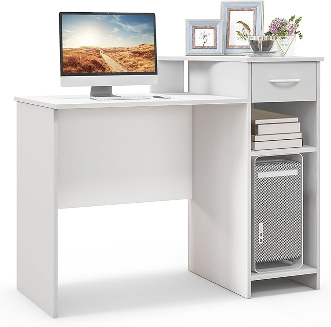 GOFLAME Computer Desk Modern Laptop PC Desk with Adjustable Shelf &amp Cable Hole Compact Writing Desk Study Desk with Monitor Stand Wooden Computer Workstation for Home Office White
