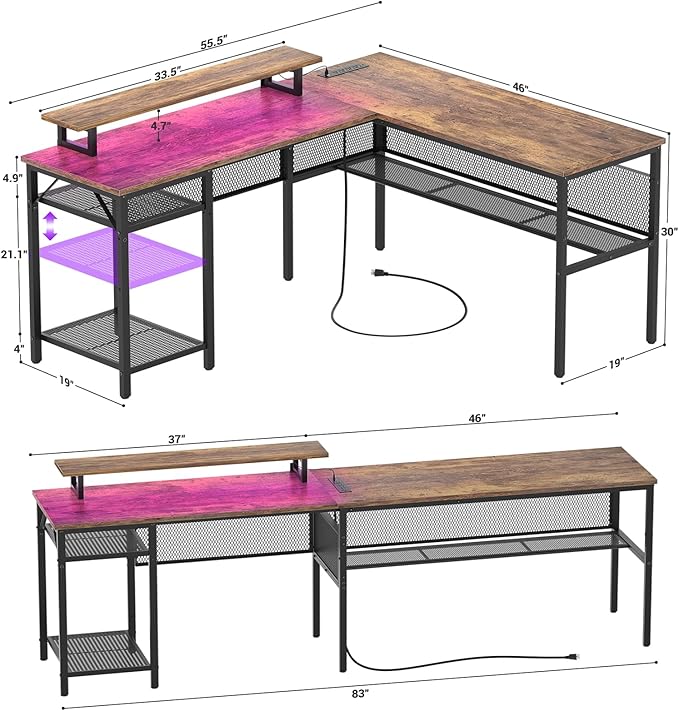 Cyclysio Reversible L Shaped Computer Desk with LED Lights &amp Power Outlets Office Corner Desk with Shelves &amp Monitor Stand Home Office Desk Gaming Table with Unique Grid Design (Rustic Brown