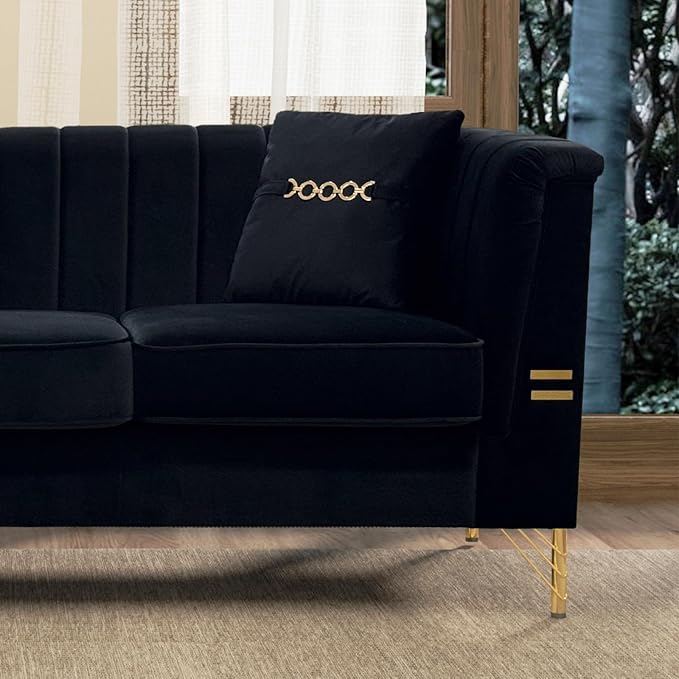 2 Piece 84'' L Modern 3 Seater Black Velvet Sofa Couches with Metal Gold Legs for Living Room Mid Century Classic Tufted Chesterfield Sofa Set for Apartment Office Home