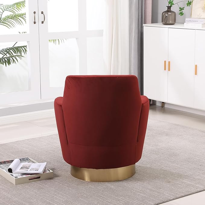 360° Swivel Barrel Accent Chair Comfy Round Accent Chairs with Gold Iron Base &amp Dual-Layer Cushion Modern Lounge Reading Armchair Upholstered Sofa Chair for Living Room Bedroom(Velvet Red)