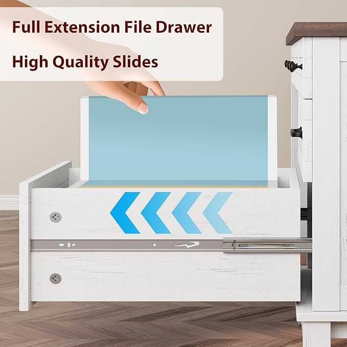 IDEALHOUSE Rustic Wood Double Desk with Built-in Charging Station &amp 4 File Drawers Spacious 2-Person Writing Table for Home Office Heavy-Duty Dual Workstation for Study &amp Work White and Bro