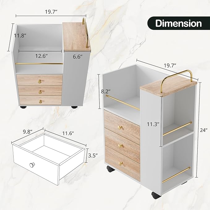 3 Drawer Mobile File Cabinet Wood Rolling Filing Cabinet with Lockable Wheels Utility Cart with Open Storage Shelves Home Office Fits A4/Legal 19.7 x 11.8 x 26.3 Light Walnut