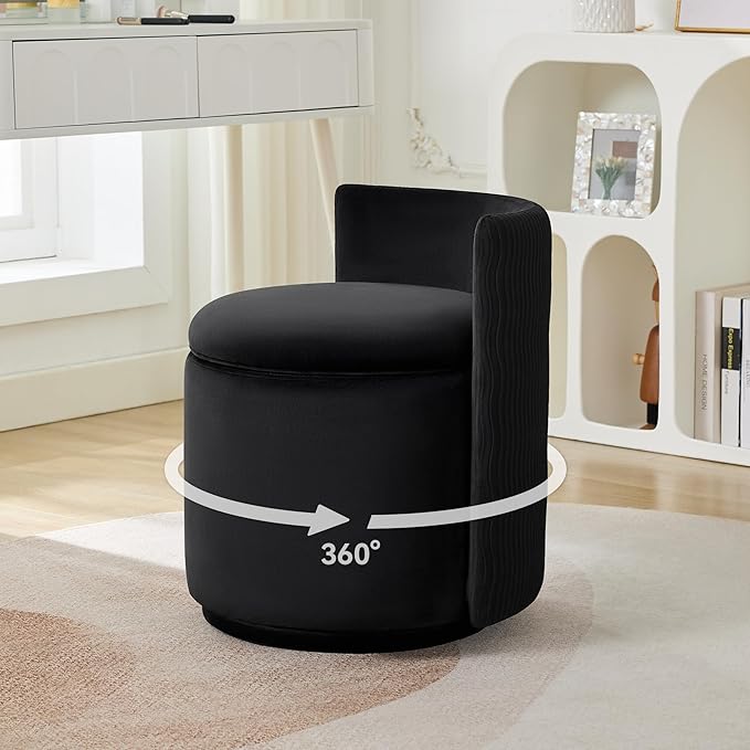 Velvet Vanity Chair with Storage 360° Swivel Makeup Chair with Wave Back No Assembly Small Accent Stool for Bedroom Dressing Living Room Black