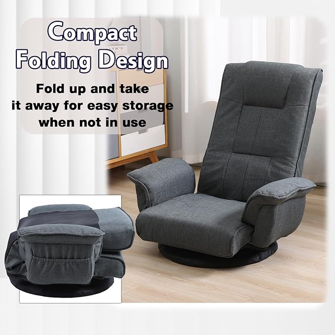 360 Degree Swivel Floor Chairs for Adults Gaming Floor Chair with Back Support 14 Angles Adjustable Comfortable Floor Lounge Chair Folding Video Game Chairs Office Bedroom 201 (Dark Grey)