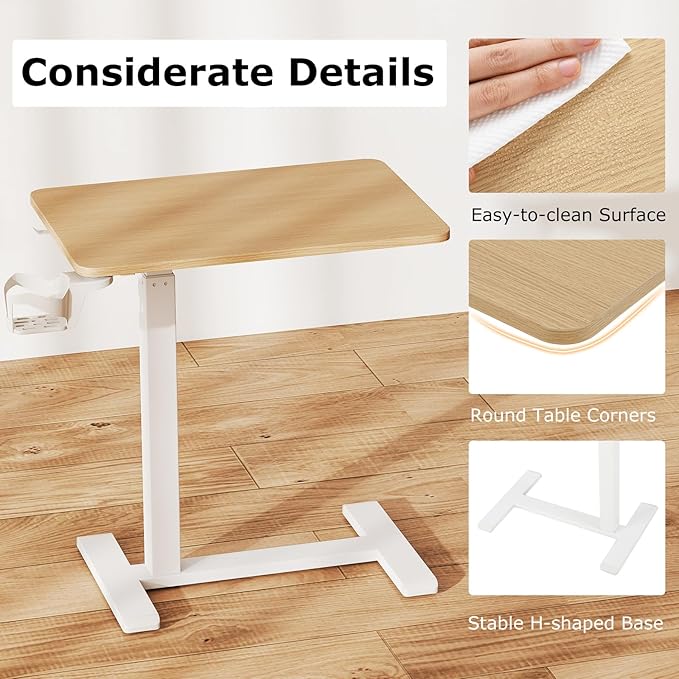 Tangkula Mobile Standing Desk Pneumatic Height Adjustable Rolling Desk with Cup Holder &amp Headphone Hook Overbed Table with Hidden Wheels Laptop Computer Cart for Couch Home Office (Natural)
