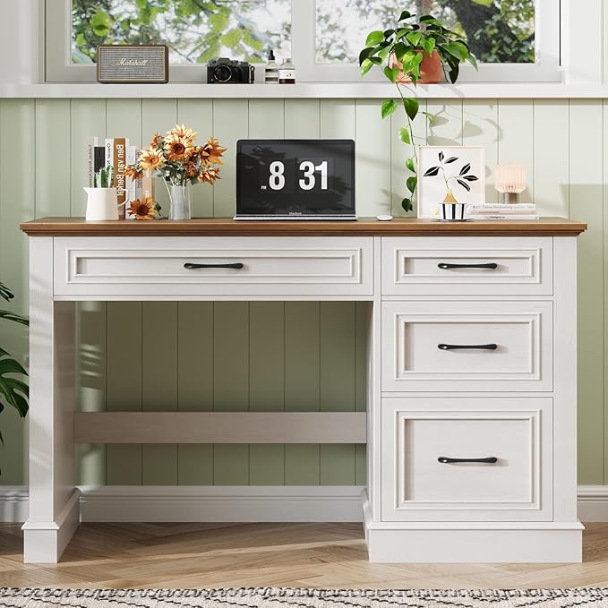 Farmhouse 47 Executive Desk with File Drawer Computer Desk with 4 Drawers Workstation for Study Home Office Writing Unique White.