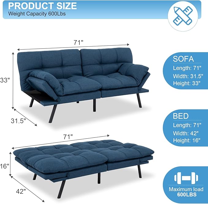 MUUEGM Futon Sofa Bed Couch Sofa Memory Foam Futon Sleeper Sofa Loveseat Convertible Couch Bed for Small Compact Spaces Apartment Blue.