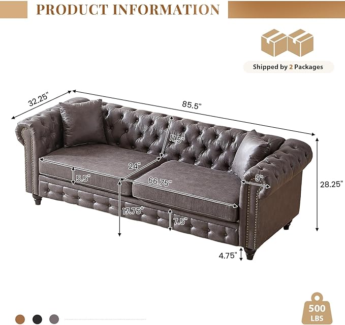Modern Chesterfield Sofa Couch 85.5-inch Faux Leather 3-Seater Sofa with Rolled Arms and Tufted Button for Living Room Office Grey