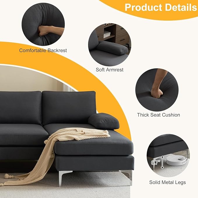 Karl home 110 Sectional Sofa U-Shaped 4-Seat Couch with Chaises Linen Fabric Upholstered for Living Room Apartment Office Dark Gray