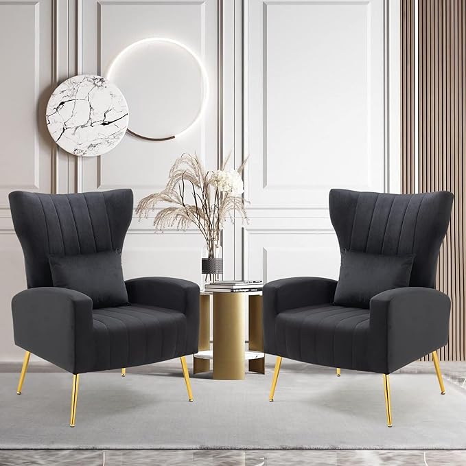 Velvet Accent Arm Chairs Set of 2 with Wingback &amp Lumbar Pillow Modern Armchairs for Living Room Bedroom Guest Reception Side Chairs for Office Gold Finish Black