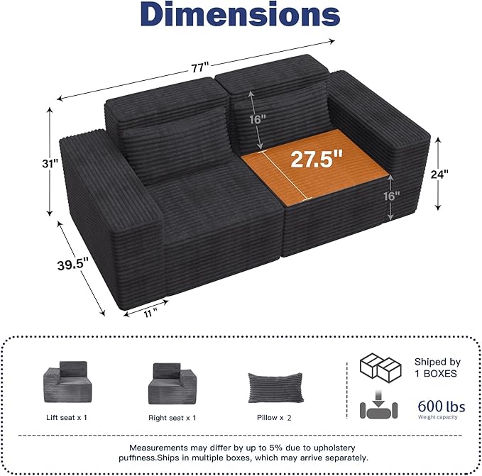 77 Cloud Sectional Boneless Loveseat Couch in a Box Modular Small Sofa with Deep Comfy Seat for Living Room Bedroom Apartment or Home Office No Assembly NeededCorduroy Black