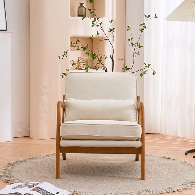 Mid-Century Modern Accent Chair with Throw Pillow Upholstered Fabric Armchair Oak Wood Frame Reading Chair for Living RoomBedroomReadingBalcony (Beige)