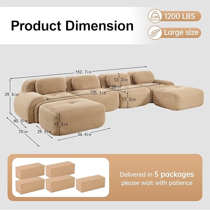 152.7 U-Shaped Cloud Couch Modular Sectional Sofa - Boneless Deep Seat 4-Seater with 2 Movable Ottomans No Assembly Corduroy Upholstery Couches for Living Room (Camel)