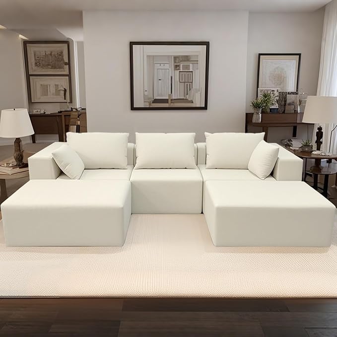 Modern Modular Sectional Sofa 110 Inch Comfy 3 Seater U-Shaped Cloud Couch with 2 Movable Ottomans Chenille Boneless Sofa Couch with Deep Seat for Living RoomNo Assembly RequiredWhite