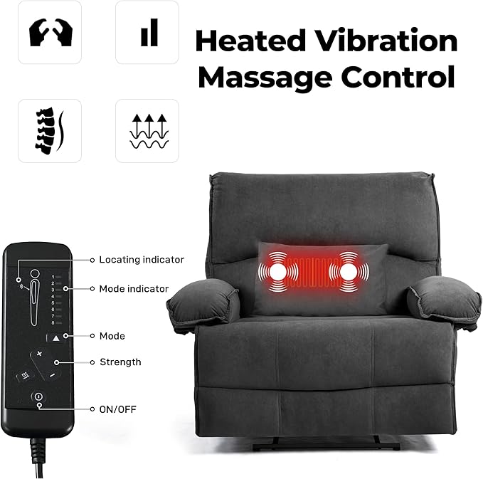 Oversized Recliner Chair for Adult Plus Size 49.21 Extra Wide Seat Manual Fleece Recliner with Pockets Ergonomic Massage Heated for Living Room Bedroom Home Threater Office Lounge (Grey)