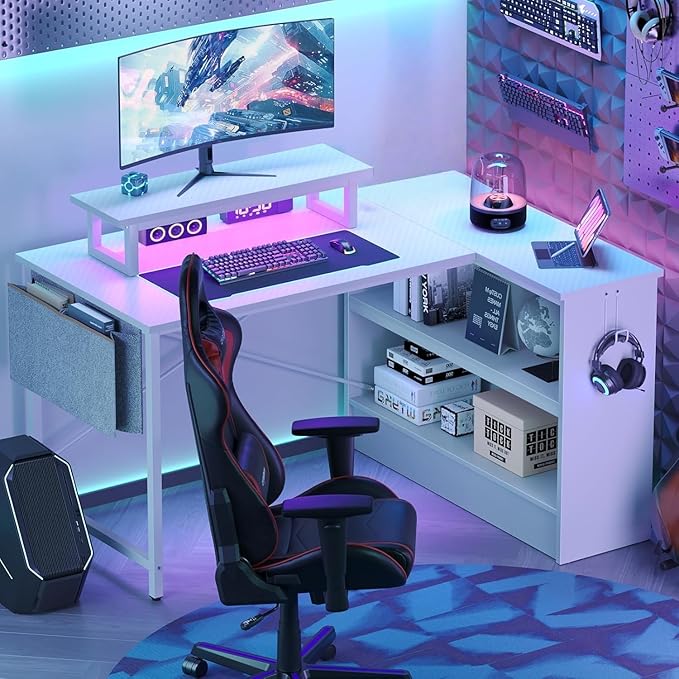 Bestier L Shaped Gaming Desk with LED Lights 42 Inch Computer Desk with Monitor Stand &amp Open Storage CabinetWriting Study Corner Desk for Home Office Bedroom White
