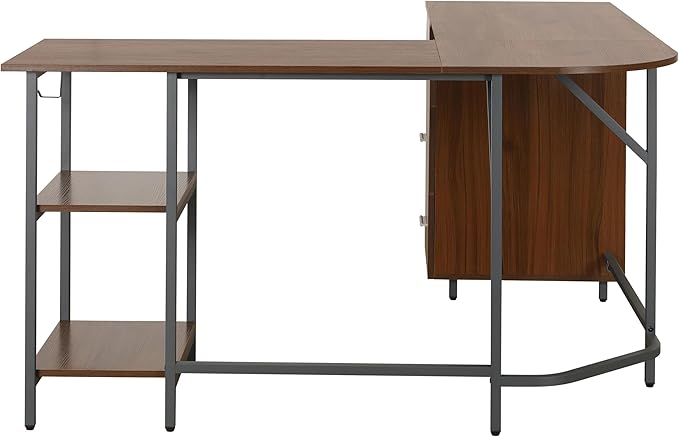 Techni Mobili L Shaped Desk - Two-Toned Computer Desk with Drawers &amp Storage Shelves - Simple Modern Furniture &amp Home Office Space Corner Table for Work &amp Writing
