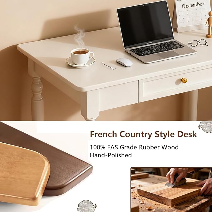 Farmhouse French Country Writing Desk with Drawers – Solid Wood Computer Desk for Home Office Bedroom &amp Study Workspace Compact Rustic Wood Table (Ivory White 31 * 30 * 24in)