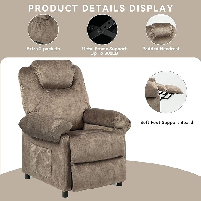 Pushback Massage Recliner Chair with Heat Fabric Heated Small Massaging Reclining Chair Single Sofa for Adults Overstuffed Push Back Manual Recliner for Living RoomBrown