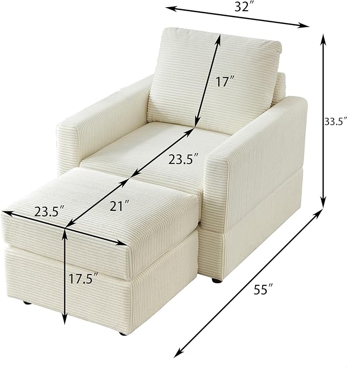 GDFStudio 32 Single Seat Sofa Couch Corduroy Comfy Deep Seat Sofa Sleeper Sofa Bed Chaise Couch Chair with Ottoman Removable Footrest Oversized Armchair for Living Room Beige