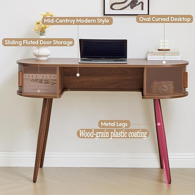 Mid-Century 43 Samll Writing Desk Home Office Computer Laptop Wood Desk with Storage Elegant Fluted Vanity Table Multifunctional Study Desk for Office Bedroom (Wlanut-43)