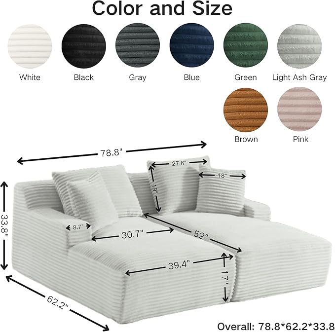 79 Double Chaise Lounge Chair Indoor: Oversized Comfy Corduroy Upholstered Boneless Couch with 4 Pillows for Living Room Bedroom and Apartment Deep Seat Sleeper Sofa 2-Seat Light Ash Gray
