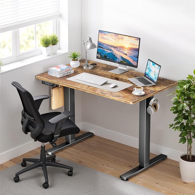 55 x 24 in Electric Standing Desk - Memory Height Adjustable Ergonomic Sit-to-Stand Rising Computer Table Gaming Workstations with 2 Hooks and Wire Hole for Home Office Brown