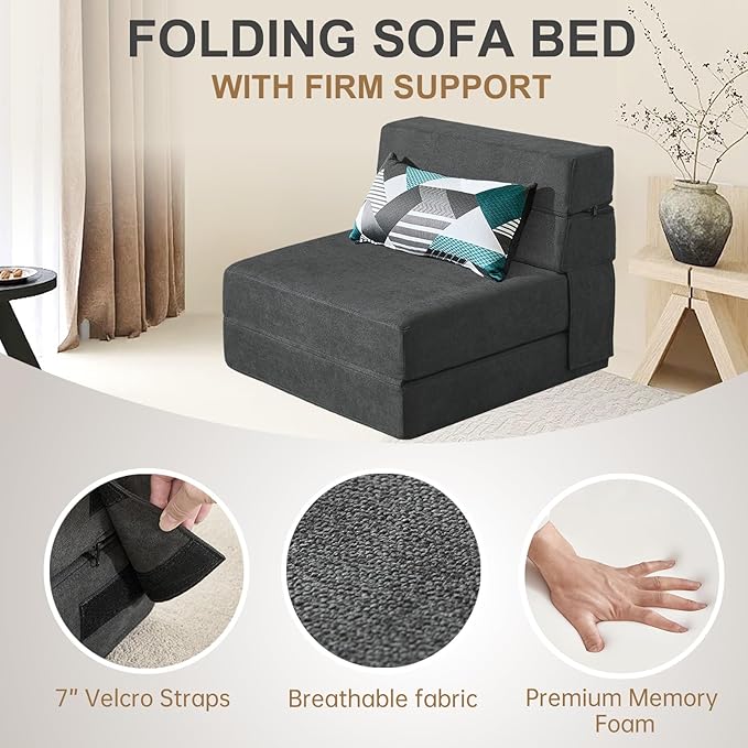 Folding Sofa Bed Single Size with Pillow Memory Foam Convertible Sleeper Chair Floor Couch Futon Lazy for Living Room Home Office Guest Beds Apartment Upstairs Loft Dark Gray