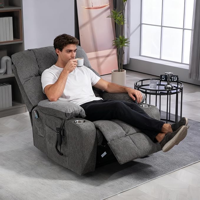 Oversized Power Lift Recliner Chair for Adult Elderly Dual Motor Lay Flat Electric Recliner with Massage &amp Heat 25.5 Wide Seat Big Tall Recliners for Living Room Bedroom Grey