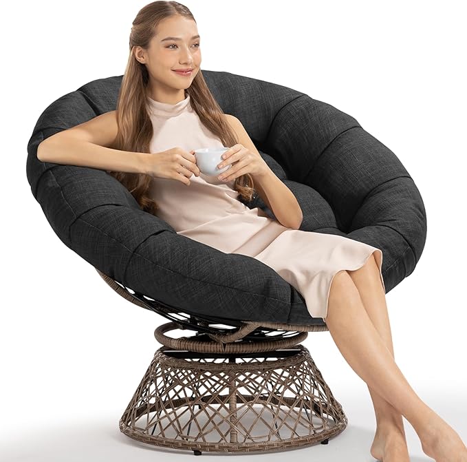 Bme 40 Ergonomic Wicker Papasan Chair with Soft Thick Cushion &amp Frame 360° Swivel Circle Reading Comfy Chair for Living Room Bedroom