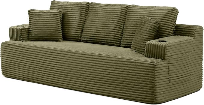 Eafurn Floor Loveseat Boneless Sofa Couch in a Box with Cup Holder and Side Pockets 3 Seater Comfy Corduroy Upholstered Foam Couch with Deep Seating for Living RoomNo Assembly | Breathable material