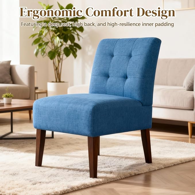 Anwick Blue Modern Accent Chair Mid Century Upholstered Living Room Chair with Wood Legs Comfy Small Accent Chair with Back for Small Spaces Office Bedroom Reading Spaces (Blue1)