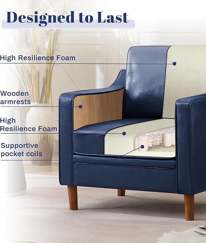 Kingfun Accent Chair Living Room Chairs Faux Leather Reading Armchair Mid Century with Solid Wood Foot Upholstered Modern Decor for Bedroom Apartment Royal Blue