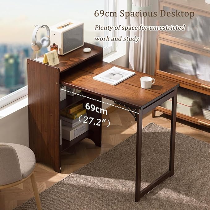 Bamboo Folding Desk with Bookshelf Fold-Out Convertible Writing Table Home Office Desk Storage Cabinet Vanity Table Compact Computer Workstation for Bedroom Living Room Kitchen Office