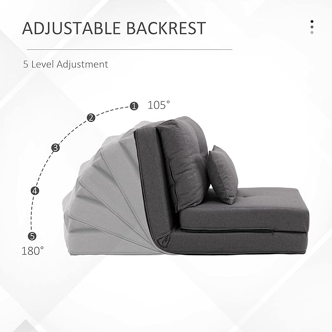 HOMCOM Convertible Flip Chair Floor Lazy Sofa Folding Upholstered Couch Bed with Adjustable Backrest Metal Frame and Pillows for Living Room Bedroom Dark Grey