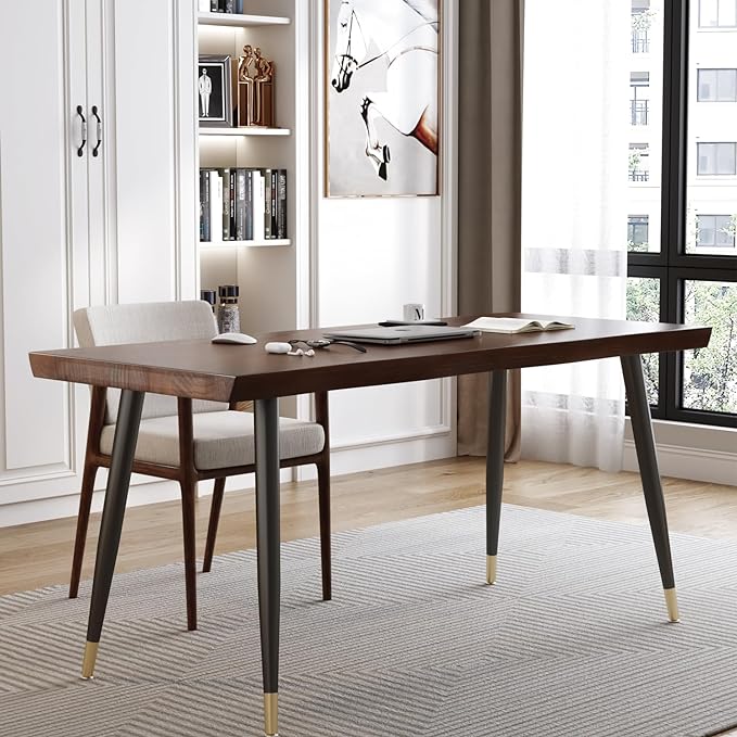 Modern Simple Style 55 Standing Desk Study Computer Desk - Black Metal Frame Solid Wood Planks for Home Office Bedroom