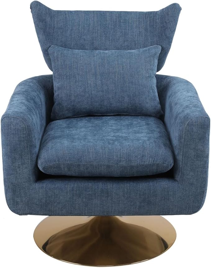Swivel Accent Chairs for Living Room Mid Century Modern Accent Chair with Arms Comfy Side Chairs for Living Room with Gold Base &amp Lumbar Pillow Upholstered Armchair with Wingback (Blue)