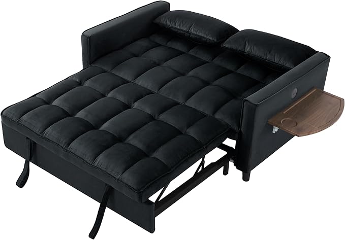 3 in 1 Sofa Bed Pull Out Couch with Side Pockets Loveseat Sleeper Sofa Bed with Side Table Pull Out Couch with USB Ports for Living Room Bedroom Apartment Black
