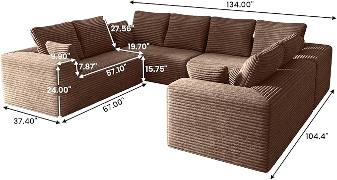 134 Inch Oversized Boneless Sofa Bed Fluffy Corduroy Sleeper Sofa for Apartment Bedroom Living Room Comfy Modular Cloud Sectional Couch Boneless Couch No Assembly Brown