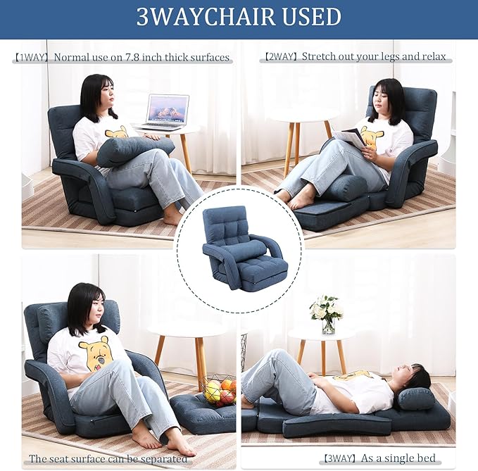 FLOGUOR 42-Position Adjustable Floor Chair Chaise Lounge Indoor Folding Lazy Sofa with Armrests and a Pillow Padded Adults Gaming Chairs for Living Room Bedroom Factory Price 8803XM (Blue)