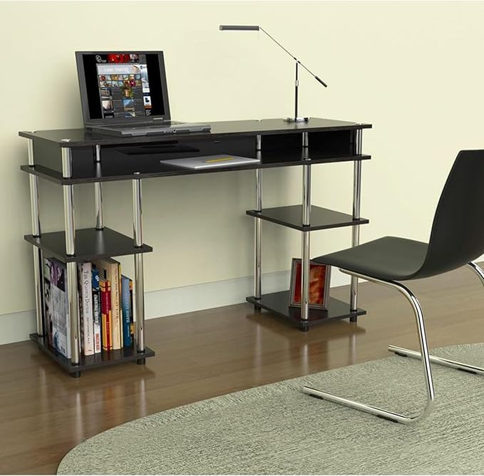 Elegant Escape No Tools Desk Home Office Desk with Shelves Corner Shelf Vanity Desk Computer Desk Nail Table for Nail Tech - 47.25 L x 15.75 W x 30 H Black
