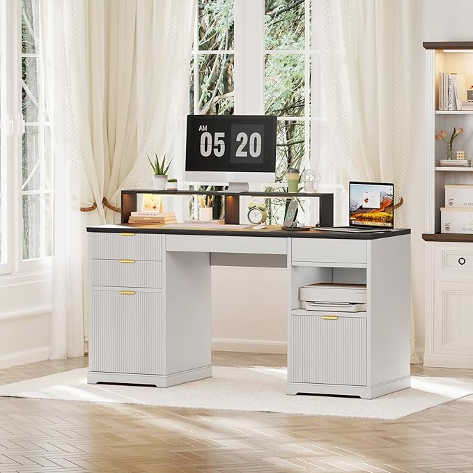 Fluted Desk with Drawers 63 Home Office Executive Desk with Lift Top Filing Cabinet Gaming Desk Charging Station Sensor Lights Computer Table with Monitor Stand White