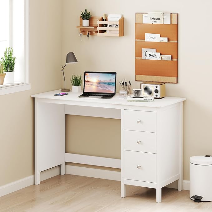 Giantex White Desk with Drawers 48 Inch Home Office Desk with Anti-Toppling Device Multifunctional Computer Workstation Wood Study Writing Desk for Small Spaces Bedroom