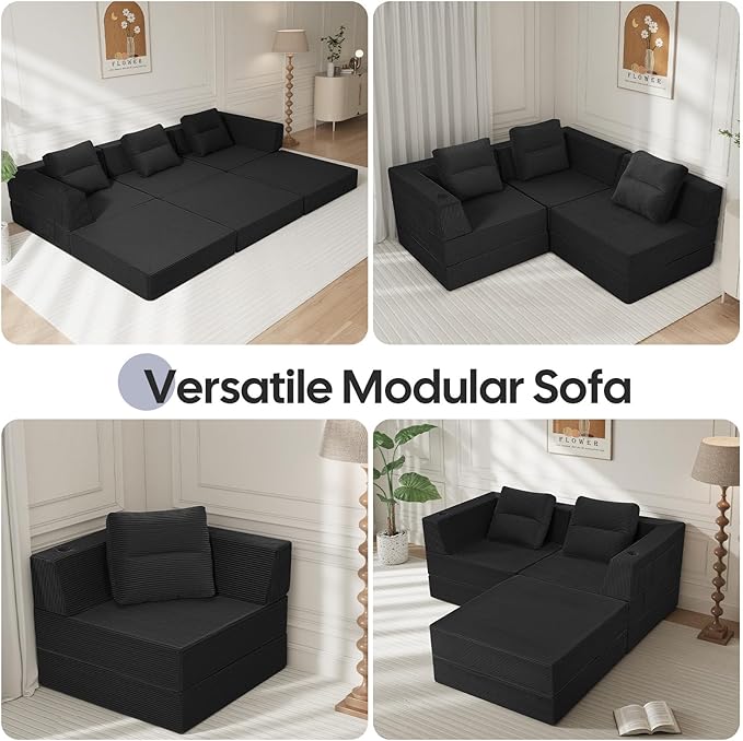 COMAX Futon Sofa Bed 3 Seater 106 Convertible Sofa Bed Couches for Living Room 4 in 1 Folding Boneless Sleeper Corduroy Couch Foam in a Box Comfy Foldable Lounge Fold Out Floor Mattress Black