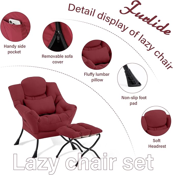 Lazy Chair with Ottoman Comfy Fabric Accent Lounge Armchair with Lumbar Pillow and Folding Footrest Reading Leisure Sofa Chair for Bedroom Living Room DormBurgundy