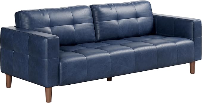 IDEALHOUSE 3-Seater Sofa Couch 83 in Wide Faux Leather Sofa Couch with Spring Cushion Modern Sofa with Deep Seats and 2 Removable Back Cushions for Living Room Bedroom Apartment Office Blue