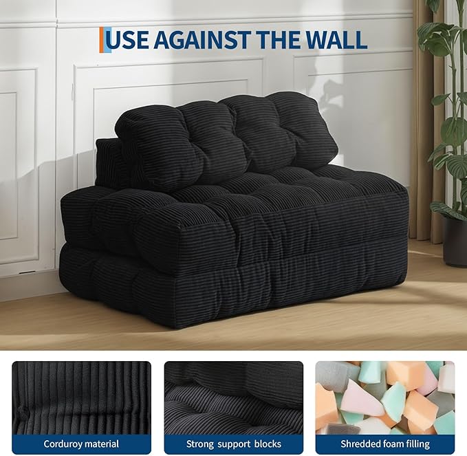 Garvee Folding Sofa Bed Convertible Sleeper Chair with Pillow Foldable Mattress with Back Support Boneless Fold Out Chair Bed Comfy Floor Sofa Lounge for Living Room Bedroom Black Full