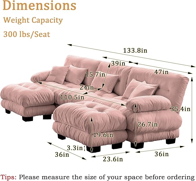 U Shaped Couch Modular Sectional Sofa Modern Deep Seat Cloud Couch 3-Seater Modular Couches for Living Room Comfy Chenille Sofa Bed with Round Armrests 5 Pillows Pink Sofas for Bedroom