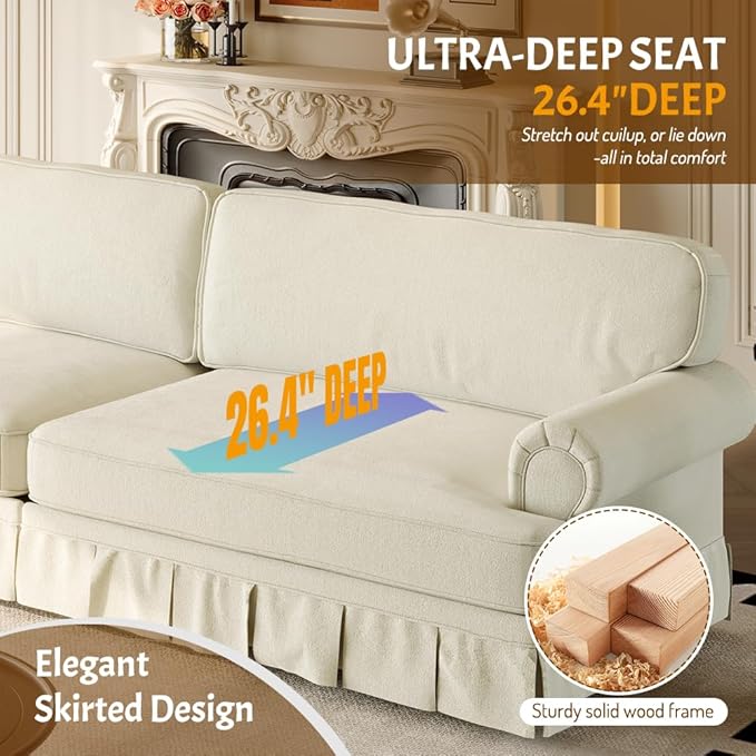 74'' Mid Century Sofa with Pleated Skirt Chenille Cloud Sectional Couch Comfy Love Seat Couches Deep Seat Rolled Arm Vintage Loveseat Sofa for Living Room Apartment Beige